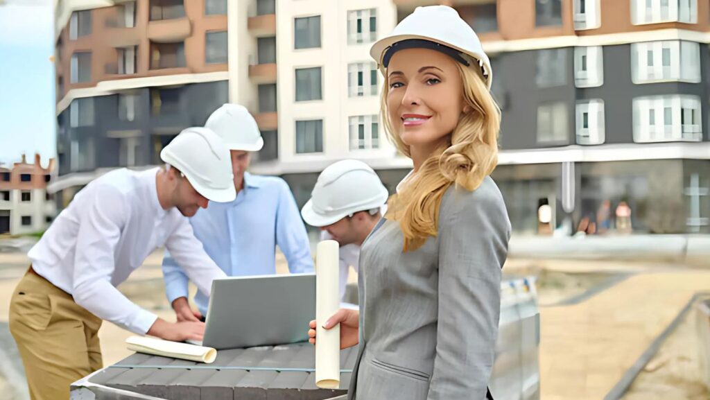 Female buyer agent at a construction site discussing real estate development