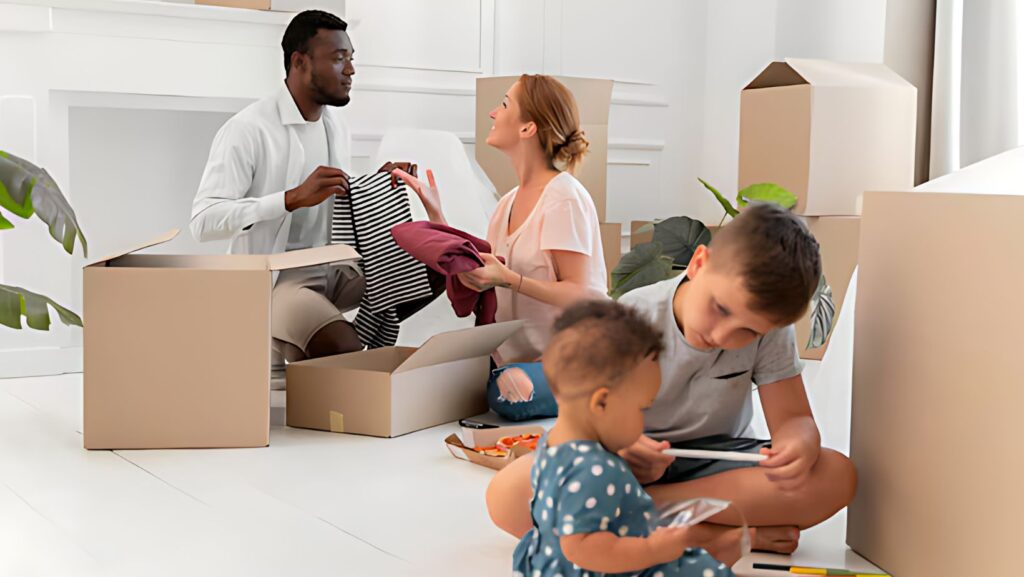 Family unpacking in new home with buyer's agent assistance in Australia.